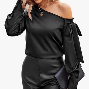 VIDUSSA XL, Black Satin Off Shoulder Long Sleeve Blouse Top